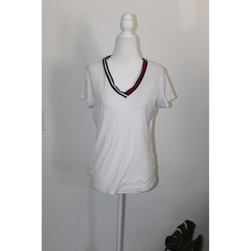 Tommy Hilfiger Womens White V-Neck T-Shirt Striped Trim Short Sleeve Size L